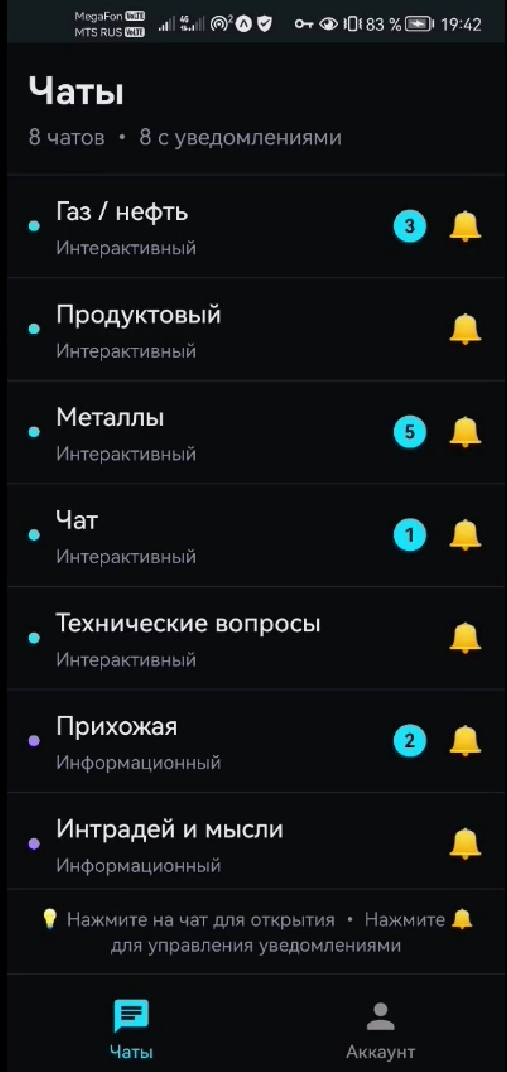 RTrader App MVP — экран чатов закрытого торгового клуба: 8 каналов по инструментам МосБиржи